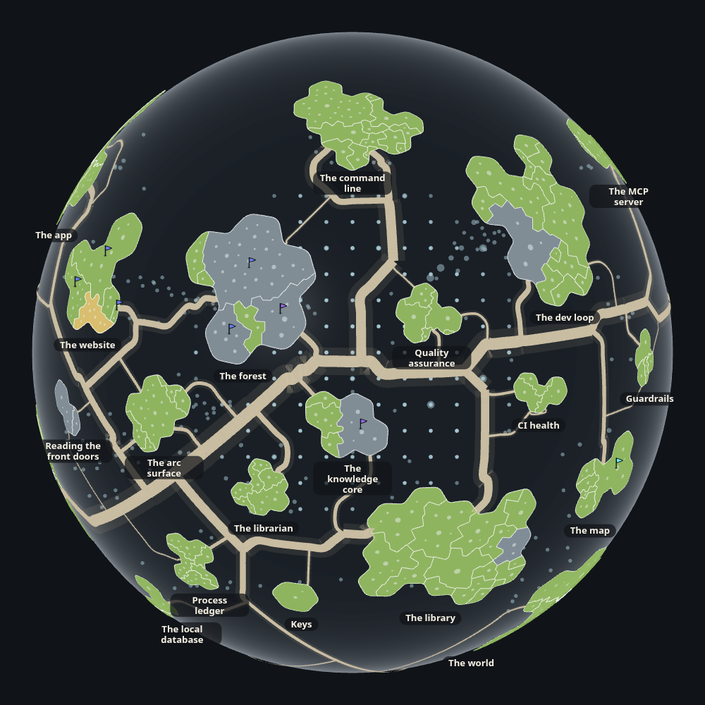 A saved map of storytree’s project: pale story islands and their connections on a dark globe.