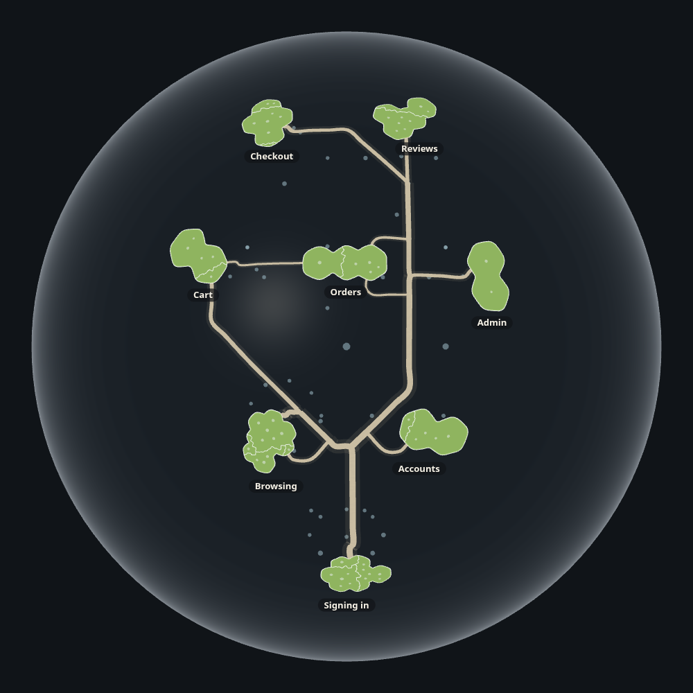 A saved picture of the online shop’s finished map: its eight story islands, green, joined by roads on a dark globe.